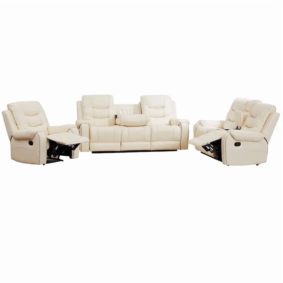 3-Piece Faux Leather Reclining Sofa Set with Drop Down Table USB Charging Beige
