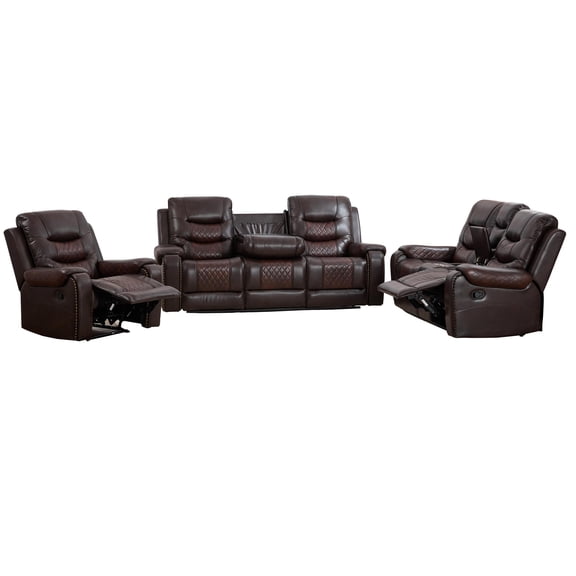 3-Piece Faux Leather Reclining Sofa Set with Drop Down Table USB Charging Brown