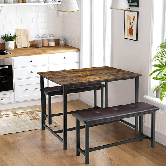 3-Piece Rectangular Dining Table for 4 with Upholstered Benches, Space-Saving Bench Dining Table Set for Home Kitchen Room(Rustic Brown)