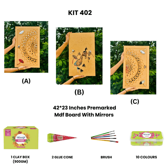 3-Piece Rectangular MDF Wall Art Kit with Decorative Mirror Pieces 42x23 Inch Traditional Indian Craft Panels for DIY Home Dcor