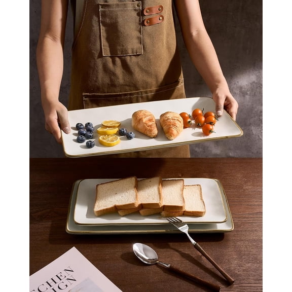 3-Piece Rectangular Serving Platter Set, Ocean Series Vanilla White Stoneware Trays for Turkey Cheese Party Entertaining Microwave Dishwasher Safe