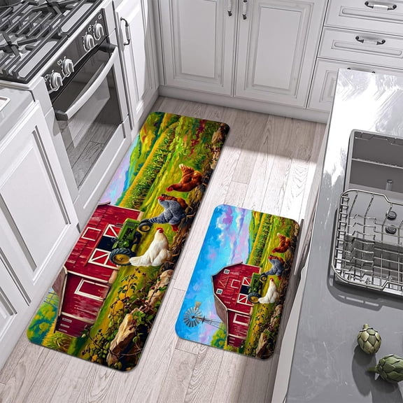 3 Piece Red Barn Rooster Kitchen Rug Set, 16x24+20x31+17x47 Non-Slip Farmhouse Chicken Kitchen Mats, Vintage Rooster Kitchen Decor, Machine Washable Polyester Floor Runner and Rugs for Home