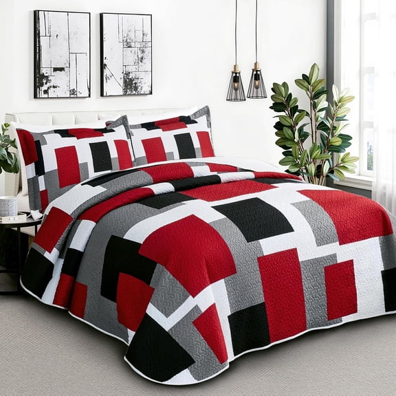 3 Piece Red Black Grey Quilt Set Full/Queen Size Christmas Red Geometric Reversible Bedding Set Microfiber Lightweight Bedspread Coverlet with 2 Shams Modern Bed Cover for All Season