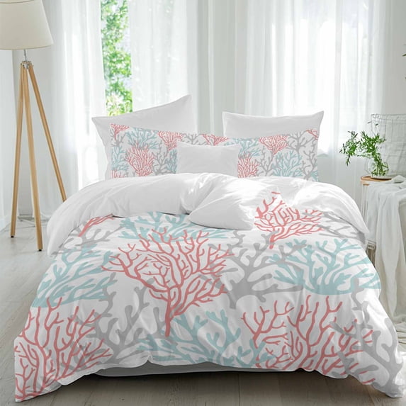 3 Piece Red Blue Coral Coastal Duvet Cover Set Twin Size,Microfiber Comforter/Quilt Cover with Corner Ties and 2 Pillowcases,Summer Beach Seaside Nautical All Season Soft Bedding with Zipper Closure