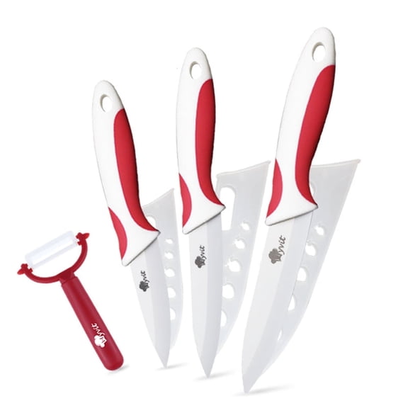 3-Piece Red Ceramic Knife Set with Covers - Stain Resistant White Blade Rust Proof Kitchen Knives Household Vegetables Slicing Tool