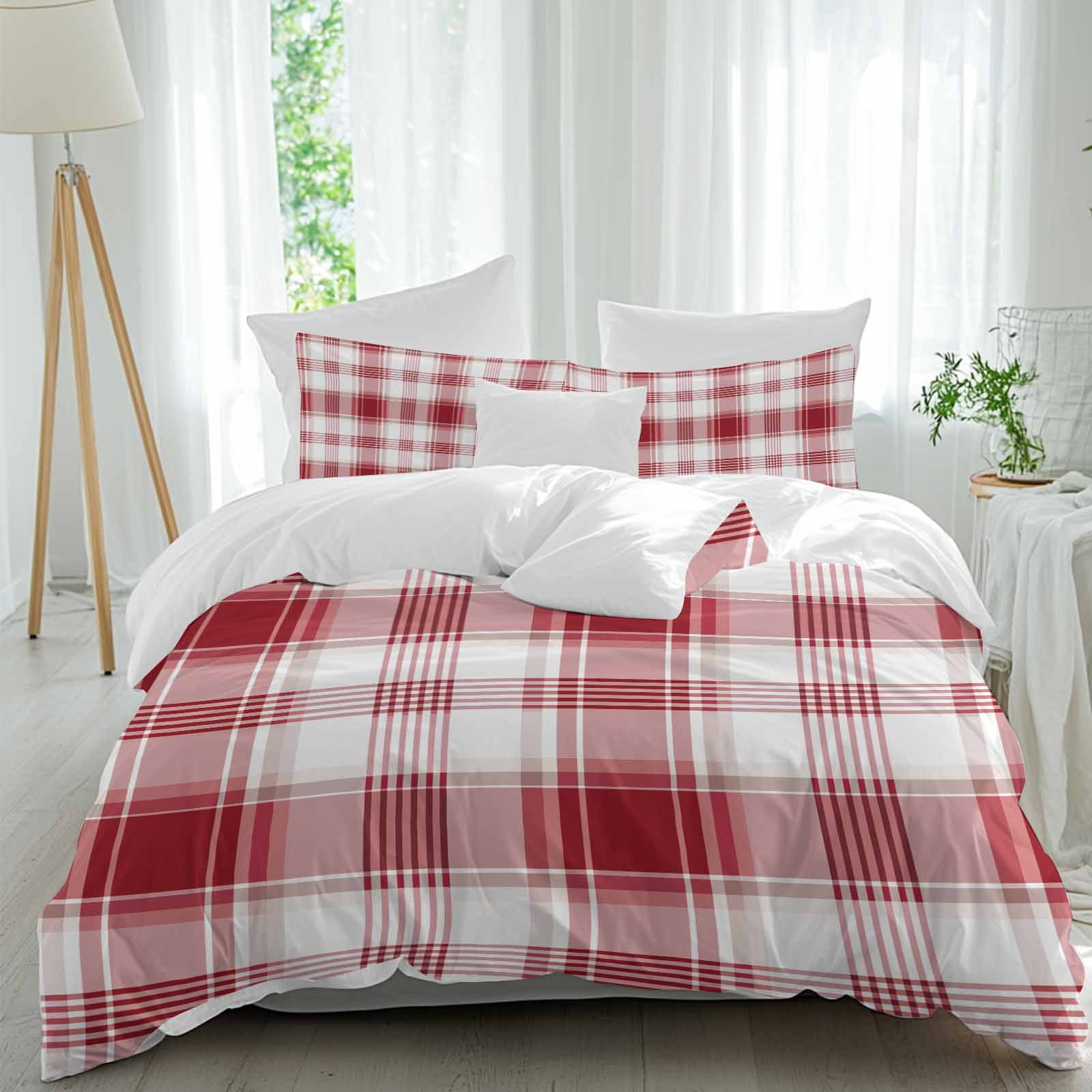 3 Piece Red Checkered Duvet Cover Set California King, Microfiber ...