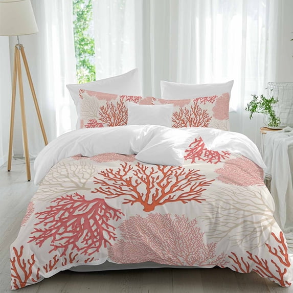 3 Piece Red Coastal Duvet Cover Set Queen Size,Microfiber Comforter/Quilt Cover with Corner Ties and 2 Pillowcases,Vintage Coral Ocean Modern Sea Abstract All Season Soft Bedding with Zipper Closure