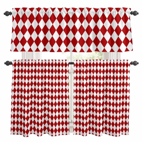 3 Piece Red Diamond Plaid Kitchen Curtain Valance and Tiers Set White Geometric Check Abstract Modern Rod Pocket Tier Curtain 24 Inch Small Window Drapes for Living Room Bedroom Cafe Home Decor
