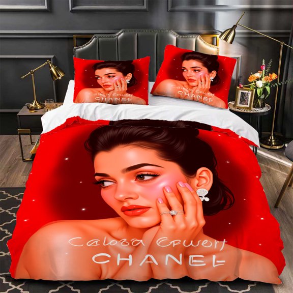 3-Piece Red Duvet Cover Set with Elegant Woman Portrait Matching Pillows Modern Gray Headboard Perfect for Stylish Bedrooms