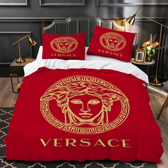 3-Piece Red Duvet Cover Set with Gold Emblem Matching Pillows Modern Design for Stylish Bedrooms