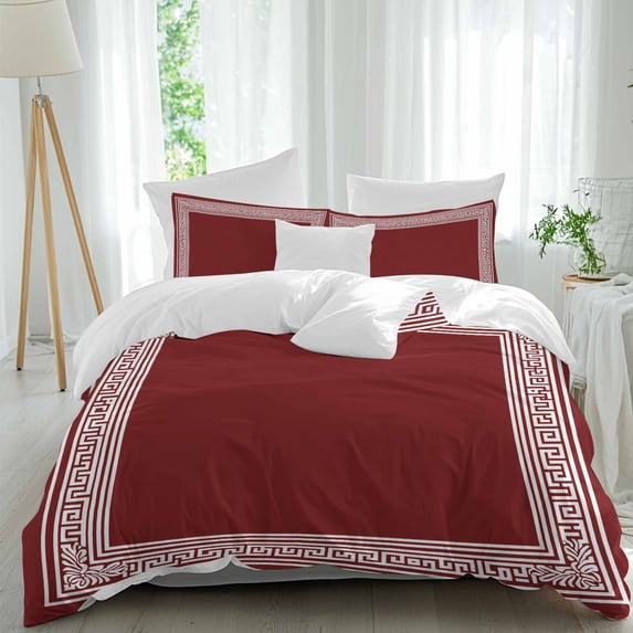 3 Piece Red Geometric Duvet Cover Set Full Size, Microfiber Comforter/Quilt Cover with Corner Ties and 2 Pillowcases, Country Farm Traditional Chinese Tile All Season Soft Bedding with Zipper Closure