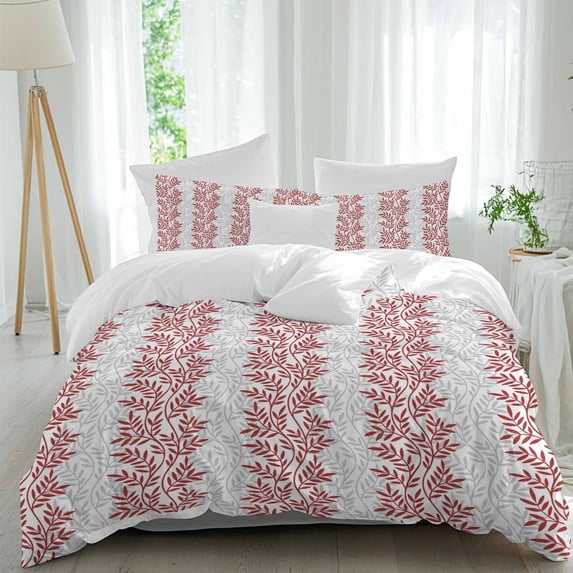 3 Piece Red Gray Botanical Duvet Cover Set California King,Microfiber Comforter/Quilt Cover with Corner Ties and 2 Pillowcases,Pastoral Spring Summer Leaf Aesthetics Soft Bedding with Zipper Closure