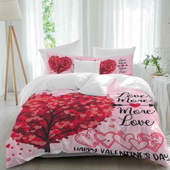 3 Piece Red Love Heart Tree Valentines Duvet Cover Set Queen Size, Microfiber Comforter/Quilt Cover with Corner Ties and 2 Pillowcases, Pink Love Heart All Season Soft Bedding with Zipper Closure