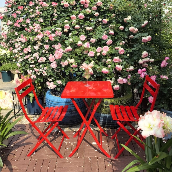 3-Piece Red Metal Patio Bistro Set: Foldable Square Table & 2 Chairs - Durable, Rust-Resistant Outdoor Furniture for Balconies & Patios