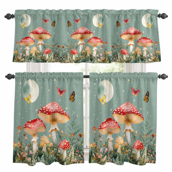 3 Piece Red Mushroom Kitchen Curtain Valance and Tiers Set Retro Flowers Butterfly Moon Watercolor Rod Pocket Tier Curtain 36 Inch Small Window Drapes for Living Room Bedroom Cafe Home Decor
