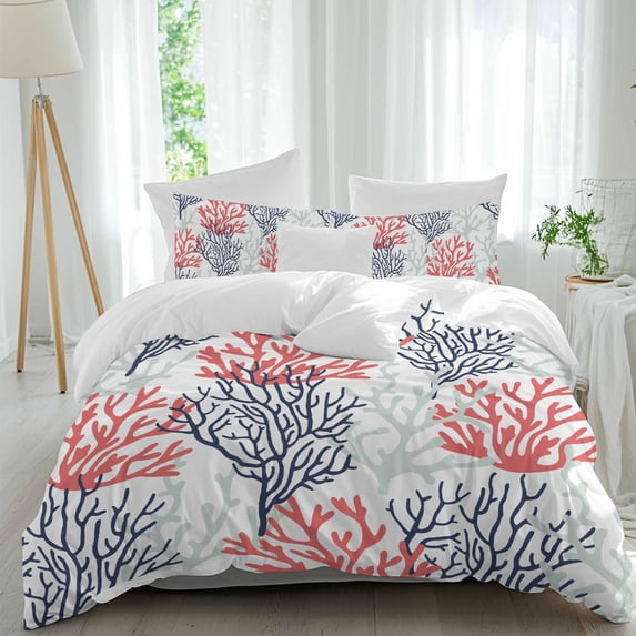 3 Piece Red Navy Blue Coral Coastal Duvet Cover Set Twin Size,Microfiber Comforter/Quilt Cover with Corner Ties and 2 Pillowcases,Summer Beach Seaside Nautical All Season Bedding with Zipper Closure