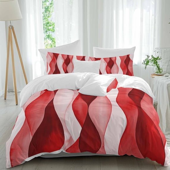 3 Piece Red Striped Duvet Cover Set Queen Size,Microfiber Comforter/Quilt Cover with Corner Ties and 2 Pillowcases,Modern Gradient Geometric Ripple Stripes All Season Soft Bedding with Zipper Closure