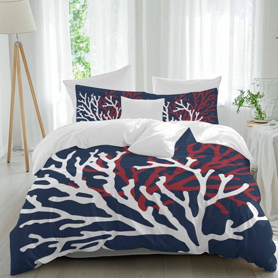 3 Piece Red White Coral Duvet Cover Set California King,Microfiber Comforter/Quilt Cover with Corner Ties and 2 Pillowcases,Summer Ocean Nautical Coastal Navy Blue Soft Bedding with Zipper Closure