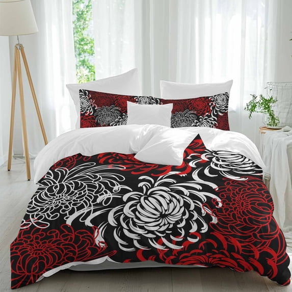 3 Piece Red White Duvet Cover Set Full Size,Microfiber Comforter/Quilt Cover with Corner Ties and 2 Pillowcases,Abstract Black Chrysanthemum Flower Floral All Season Soft Bedding with Zipper Closure