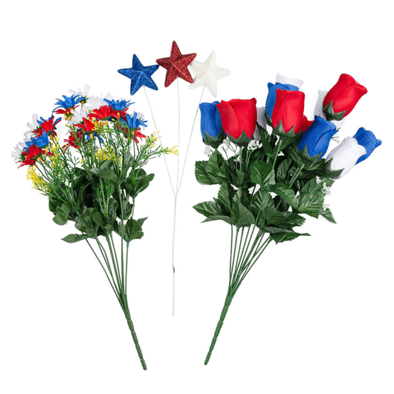 3 Piece Red White and Blue Fake Daisy, Rose and Star Centerpiece Kit - For 4th of July, Memorial Day, Veteran's Day and Everyday Decor