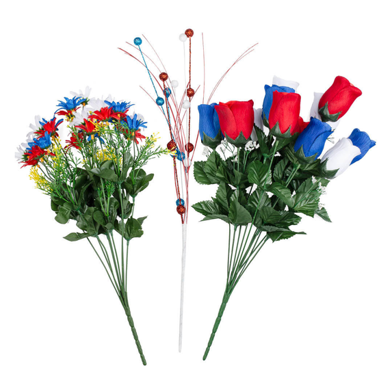 3 Piece Red White and Blue Fake Floral and Ball Centerpiece Kit - For 4th of July, Memorial Day, Veteran's Day and Everyday Decor