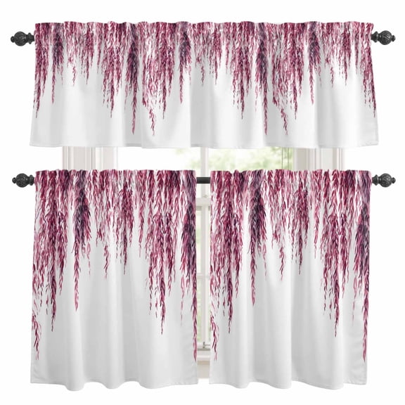 3 Piece Red Willows Kitchen Curtain Valance and Tiers Set Watercolor Spring Falling Red Willows Leaf Plant Rod Pocket Tier Curtain 24 Inch Small Window Drapes for Living Room Bedroom Cafe Home Decor