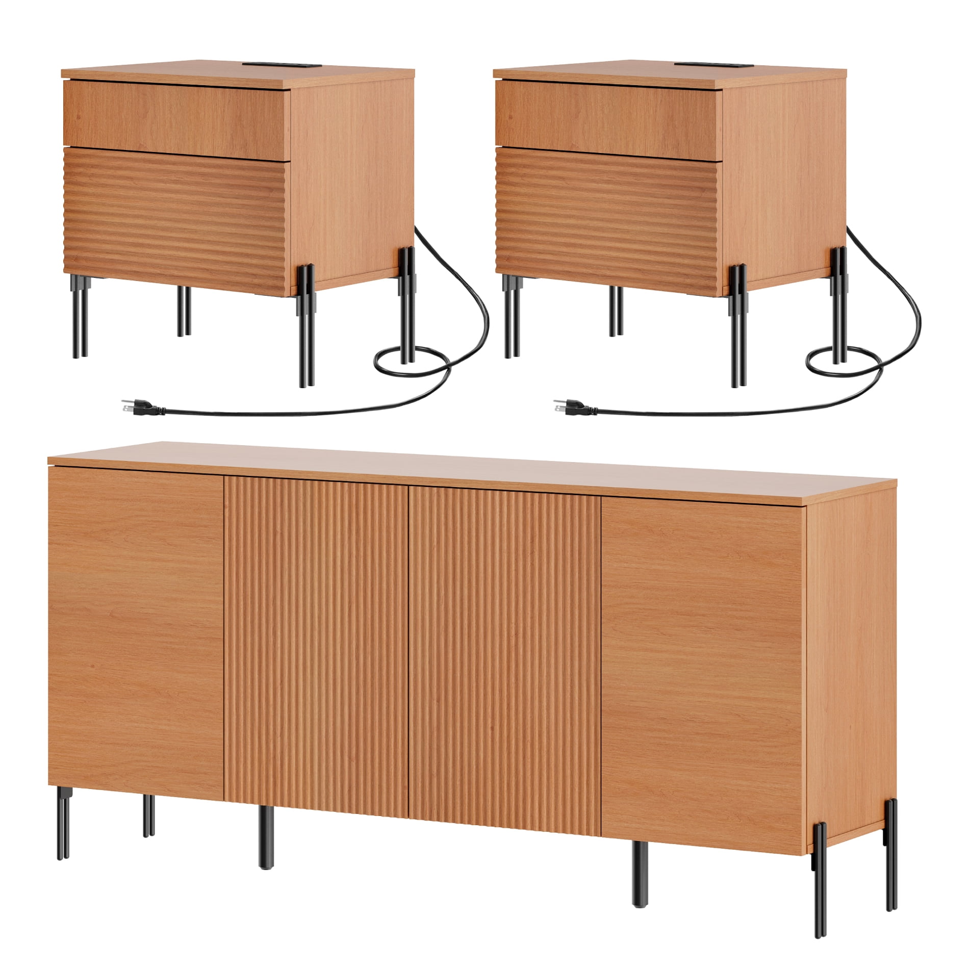 3-Piece Reeded Bedroom Set, Modern Minimalist Nightstand and Dresser Set, Oak Wooden Chest With Hidden Handles For Bedroom, Living Room
