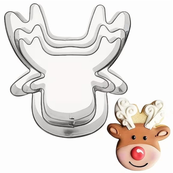 3-Piece Reindeer Cookie Cutter Set - Durable Metal Pastry Cutters for Holiday Baking, Fondant, and Craft Projects