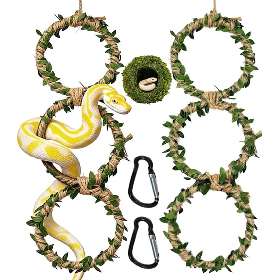 3-Piece Reptile Hanging Climbing Ring Set ,Vine Decor w/Moss Cave & Carabiners for Snakes