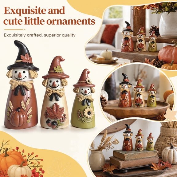 3-Piece Resin Scarecrow Fall Figurine Set, Vintage Autumn Harvest Tabletop Decor, Rustic Thanksgiving Shelf Sitters (2.36", 1.97", 1.57")