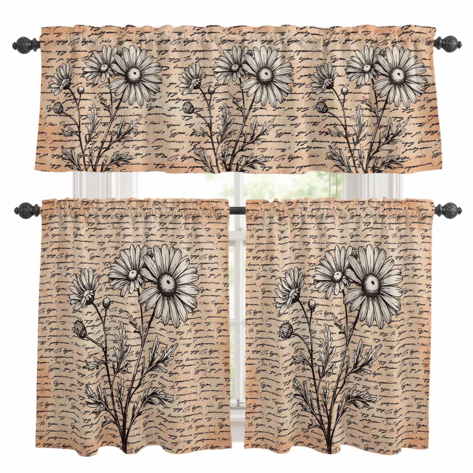 3 Piece Retro Daisy Kitchen Curtain Valance and Tiers Set Spring ...