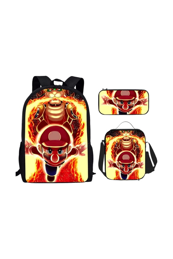 3-Piece Retro Gaming Backpack Set with Shoulder Bag & Bonus Storage Pouch – Vibrant Character Graphic Daypack for Students, Commuting, and Daily Errands