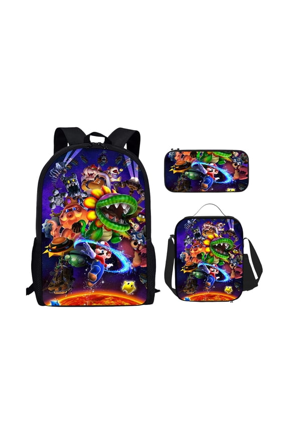 3-Piece Retro Gaming Backpack Set with Shoulder Bag & Bonus Storage Pouch – Vibrant Character Graphic Daypack for Students, Commuting, and Daily Errands