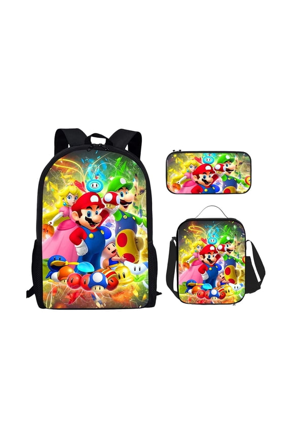 3-Piece Retro Gaming Backpack Set with Shoulder Bag & Bonus Storage Pouch – Vibrant Character Graphic Daypack for Students, Commuting, and Daily Errands
