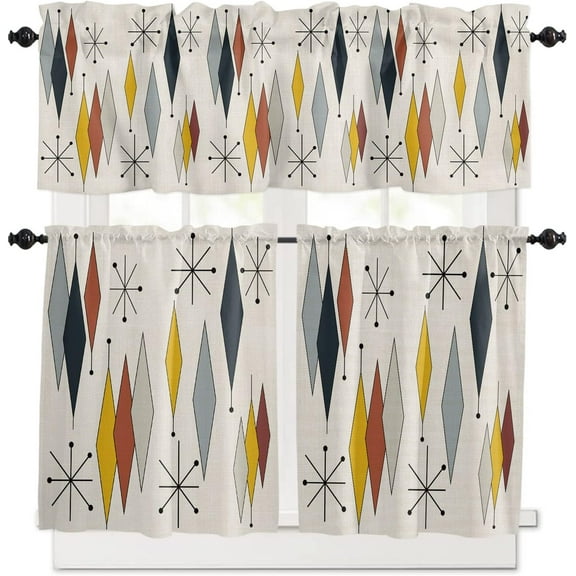 3 Piece Retro Mid Century Kitchen Curtains, Tier and Valance Rod Pocket Window Curtains Set Colorful Geometric Diamond Cafe Curtains for Kitchen Valances Window Treatment 54X18in+27x24in×2