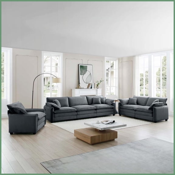 3-Piece Retro-Modern Corduroy Sectional Sofa Set: 1/2/3-Seat Deep Comfort for Living Room, Grey