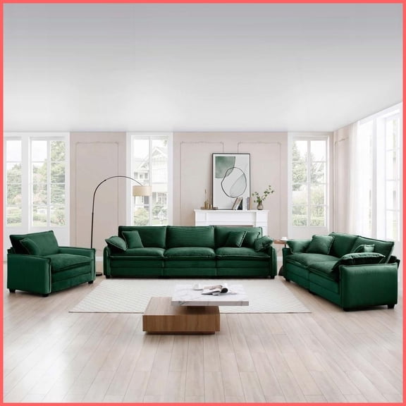 3-Piece Retro Modern Green Corduroy Sectional Sofa Set - Oversized Deep Seat for Living Room