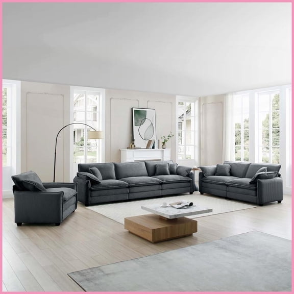 3-Piece Retro-Modern Grey Corduroy Sectional Sofa  Oversized Deep Seat for Living Room Comfort
