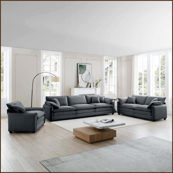 3-Piece Retro-Modern Grey Corduroy Sectional Sofa  Oversized Deep Seat for Living Room Comfort