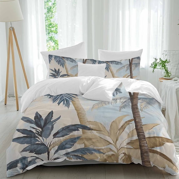 3 Piece Retro Palm Trees Duvet Cover Set California King,Microfiber Comforter/Quilt Cover with Corner Ties and 2 Pillowcases,Summer Botanical Vintage Watercolor All Season Bedding with Zipper Closure
