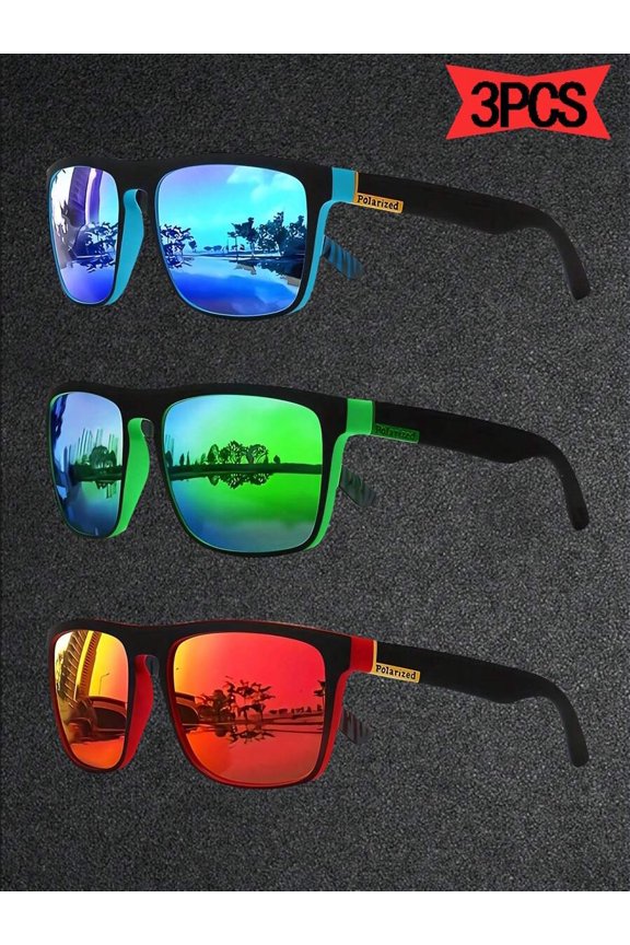 3-Piece Retro Square Sports Eyeglasses with Icy Blue Mirror Lenses for Beach, Travel & Outdoor