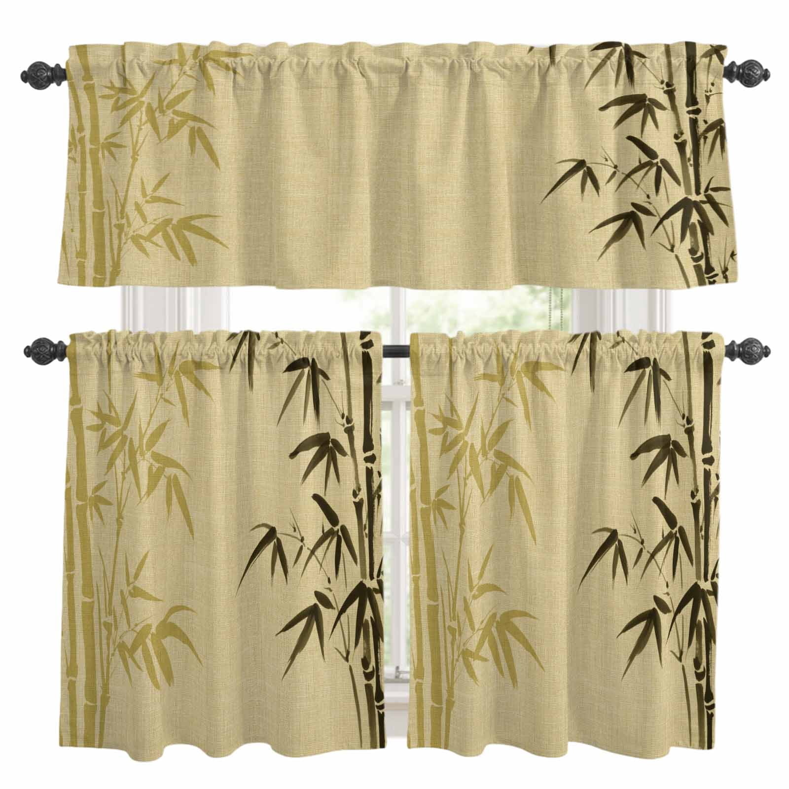 3 Piece Retro Water Ink Painting Kitchen Curtain Valance and Tiers Set ...