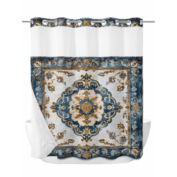 Vintage Flowers Pattern No Hook Shower Curtain and Liner Set Yellow Blue Traditional Bohemian Shower Curtains with Snap-in Liner & See Through Top Window Hotel Style for Bathroom Decor 72x72 Inch