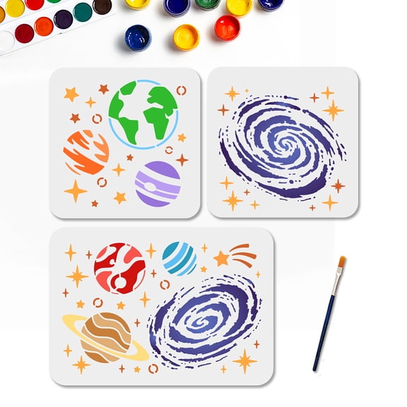 3-Piece Reusable Space Stencil Set - Cosmic Planets Star Galaxy & Milky Way Templates (7.8x7.8 & 11.7x8.3 Inch)