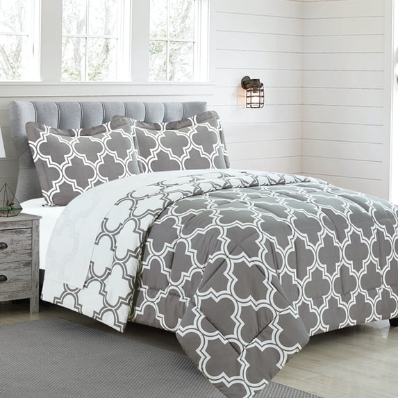 3 Piece Reversible Down Alternative Comforter Set - Lightweight All Season Comforter with Two Shams - Quilted Duvet Insert with Box Stitched –Hypoallergenic, Soft, Fluffy (King, Light Grey)