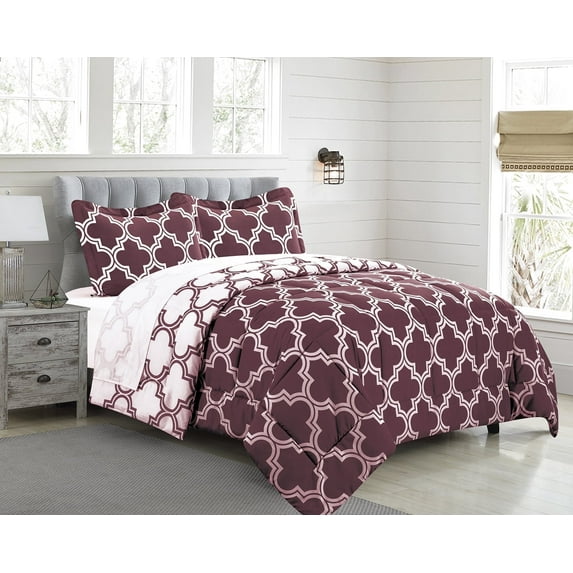 3 Piece Reversible Down Alternative Comforter Set - Lightweight All Season Comforter with Two Shams - Quilted Duvet Insert with Box Stitched –Hypoallergenic, Soft, Fluffy (Queen, Burgundy)