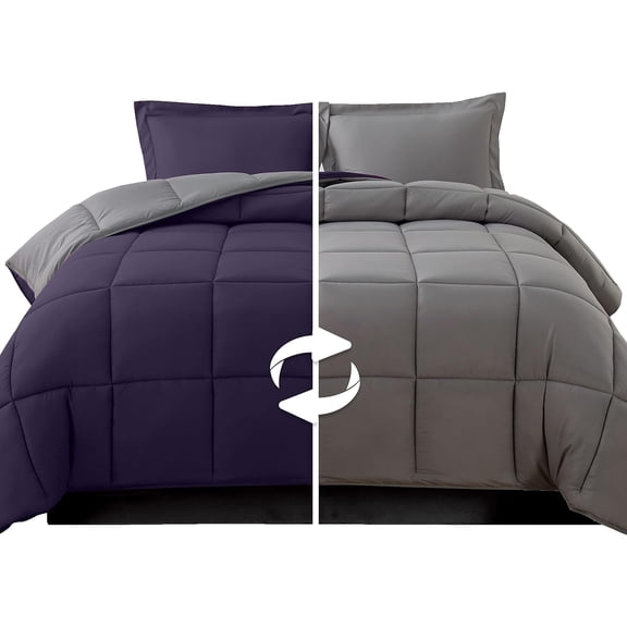 3-Piece Reversible Comforter Set, All Season Cozy, Soft Down Alternative, Quilted - Box Stitched - Duvet Insert with 4 Corner Tabs, Comforter with Shams, Cali King, Purple/Gray