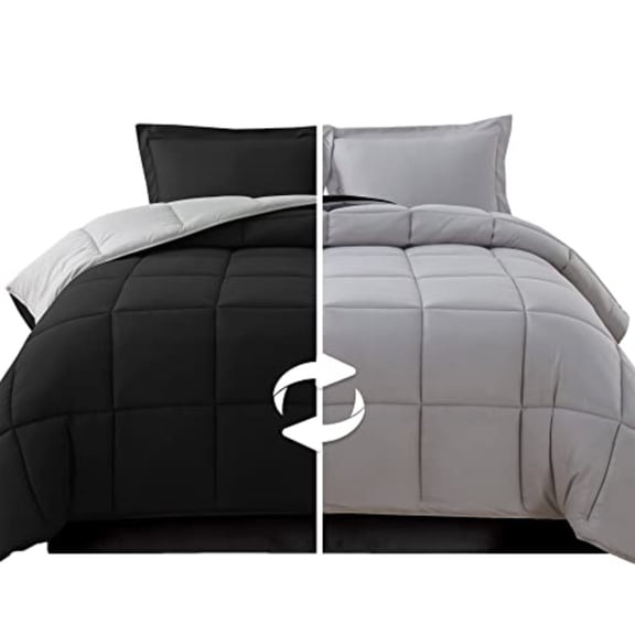 3-Piece Reversible Comforter Set All Season Cozy Soft Down Alternative Quilted - Box Stitched - Duvet Insert with 4 Corner Tabs Comforter with Shams Twin Black/Silver