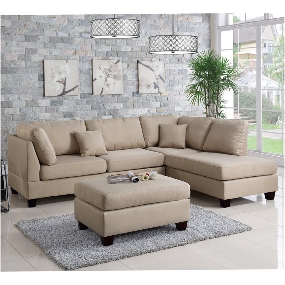 3 Piece Reversible L/R Chaise Sectional Sofa with Ottoman in Desert Sand, Linen-Like Fabric Couch