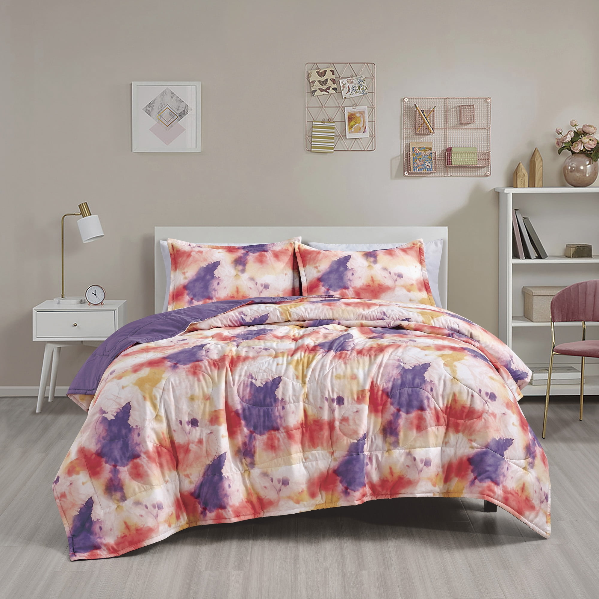 3-Piece Reversible Navy Geometric Tropical Leaf Print Microfiber Bedspread Set,King